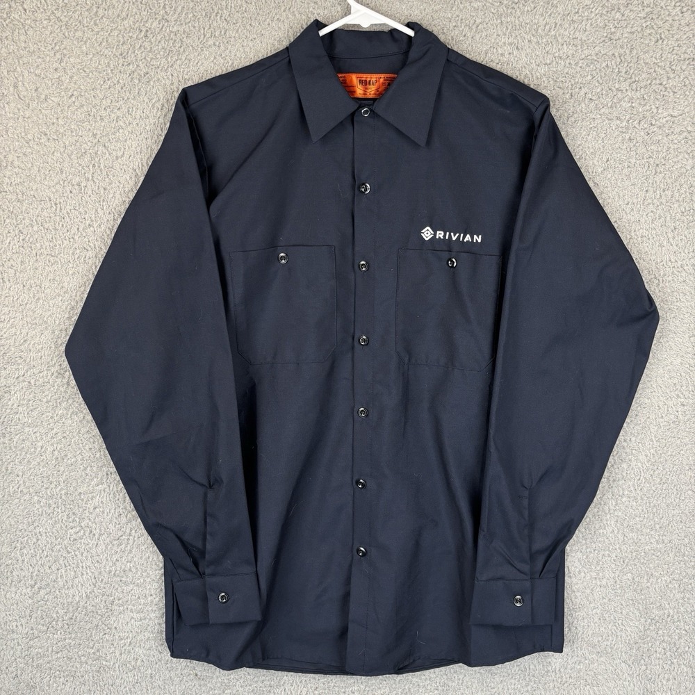 Red Kap Rivian EV Mechanic Work Shirt Medium Navy Long Sleeve Pockets Employee